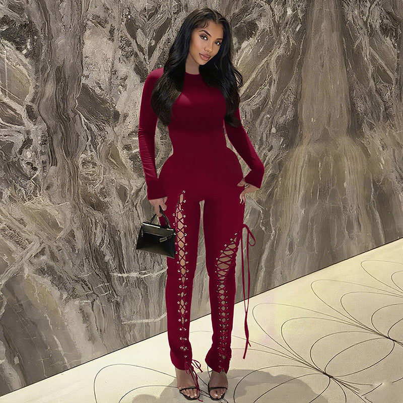 Herbst Sexy Einfarbig Taillenbetont Hohl Cut-out Träger Enger Overall