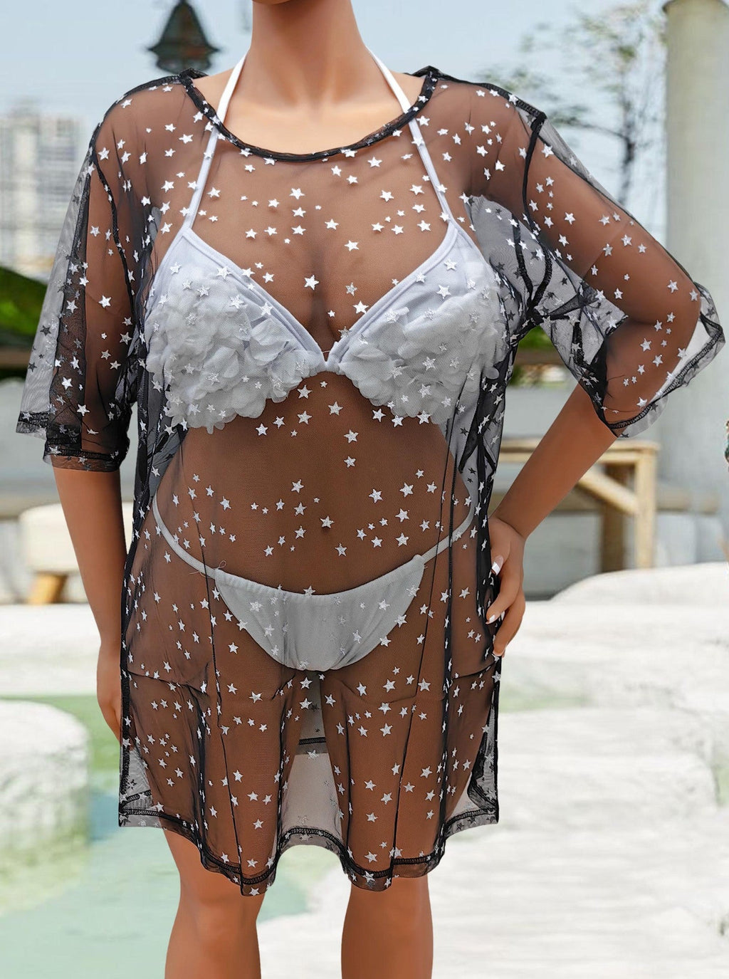 Robe de plage femme par-dessus, sexy, transparente, en maille, motif doré, longue, pour couvrir le bikini