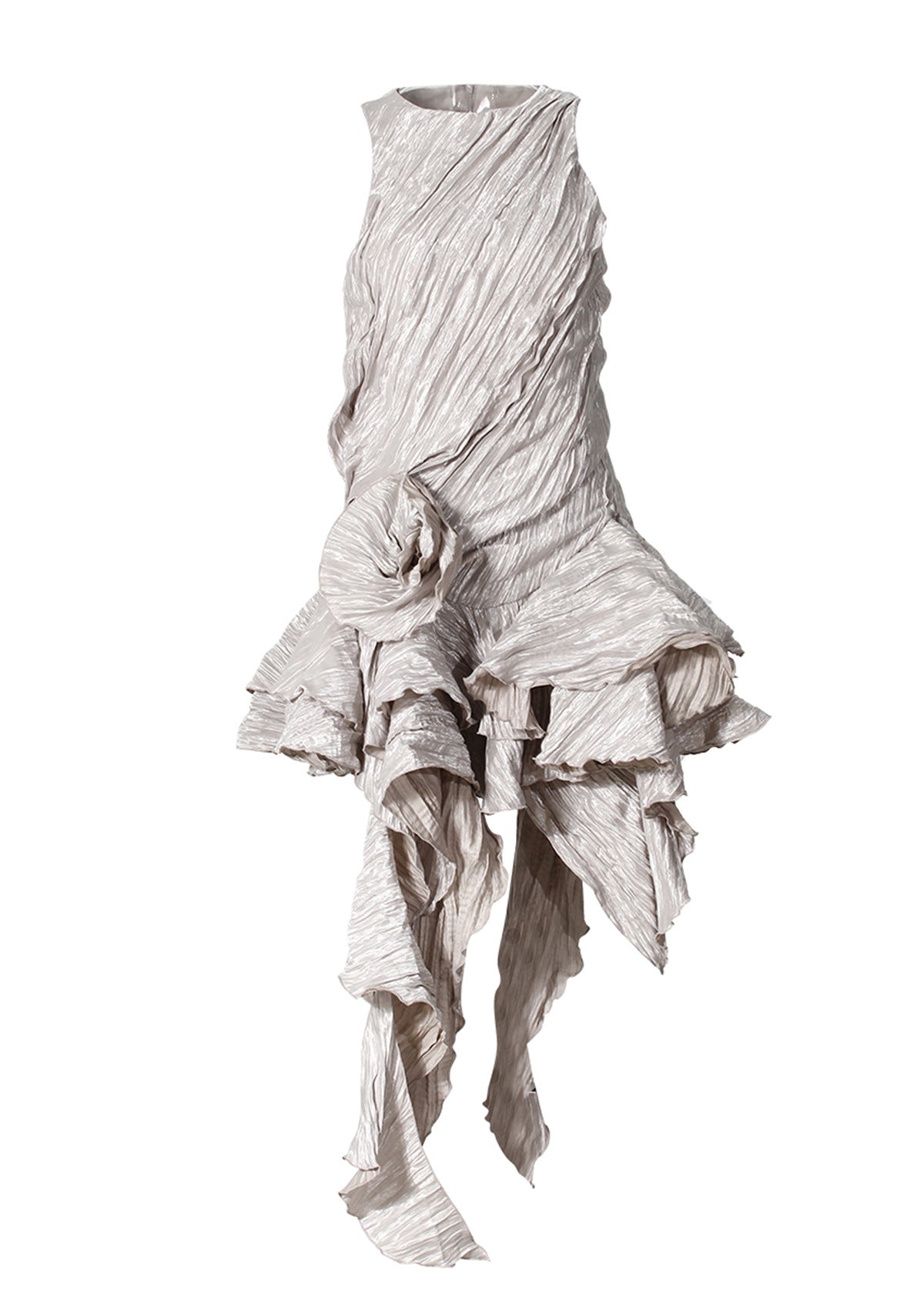 Robe plissée en trois dimensions, style rétro d'été, motif floral, texture irrégulière, asymétrique, à volants, sans manches.