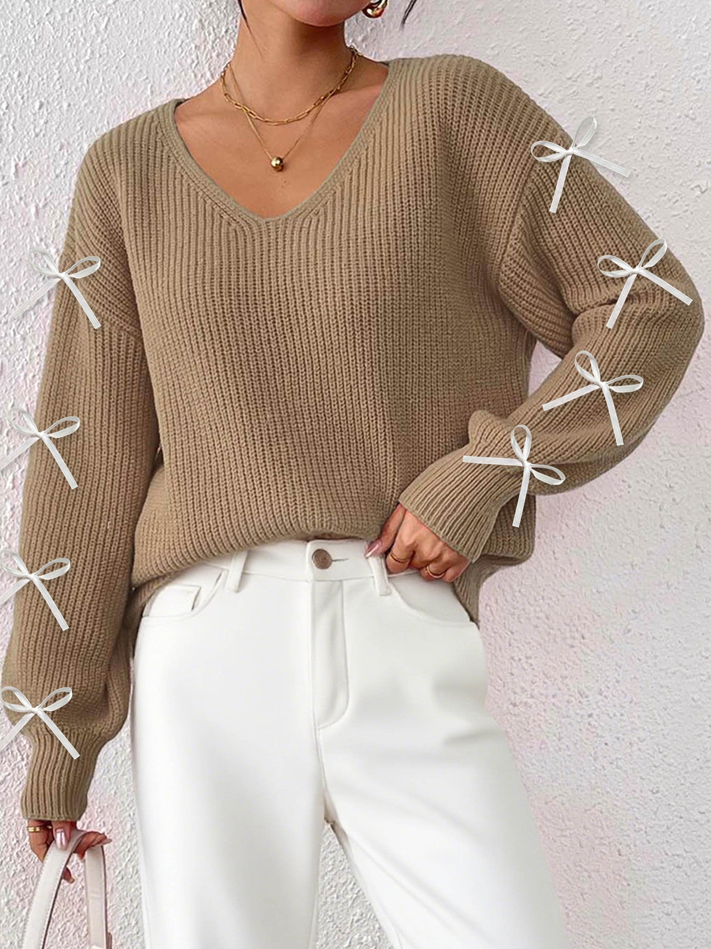 Manteau Hiver Automne Femme Vêtement Femme Ruban Nœud Décoratif Pull Tissé