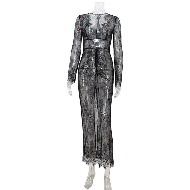 Damenbekleidung Spitze transparent Sexy Reif Dame wie Frau V-Ausschnitt Slim Fit Hüftkleid Damen