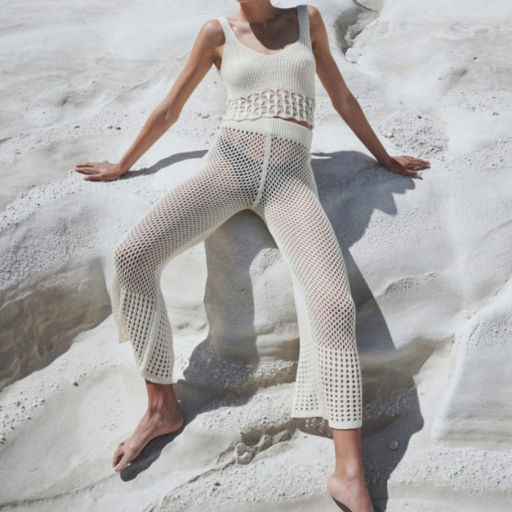 Ensemble chemise de plage sans manches et pantalon décontracté ajourés, transparents, amples et anti-UV