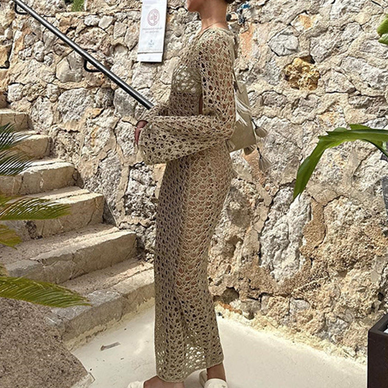 Vêtements Femme Robe Longue Sexy Découpée Évidée Manches Longues Col Rond Maxi Robe de Plage Jupette Crochet