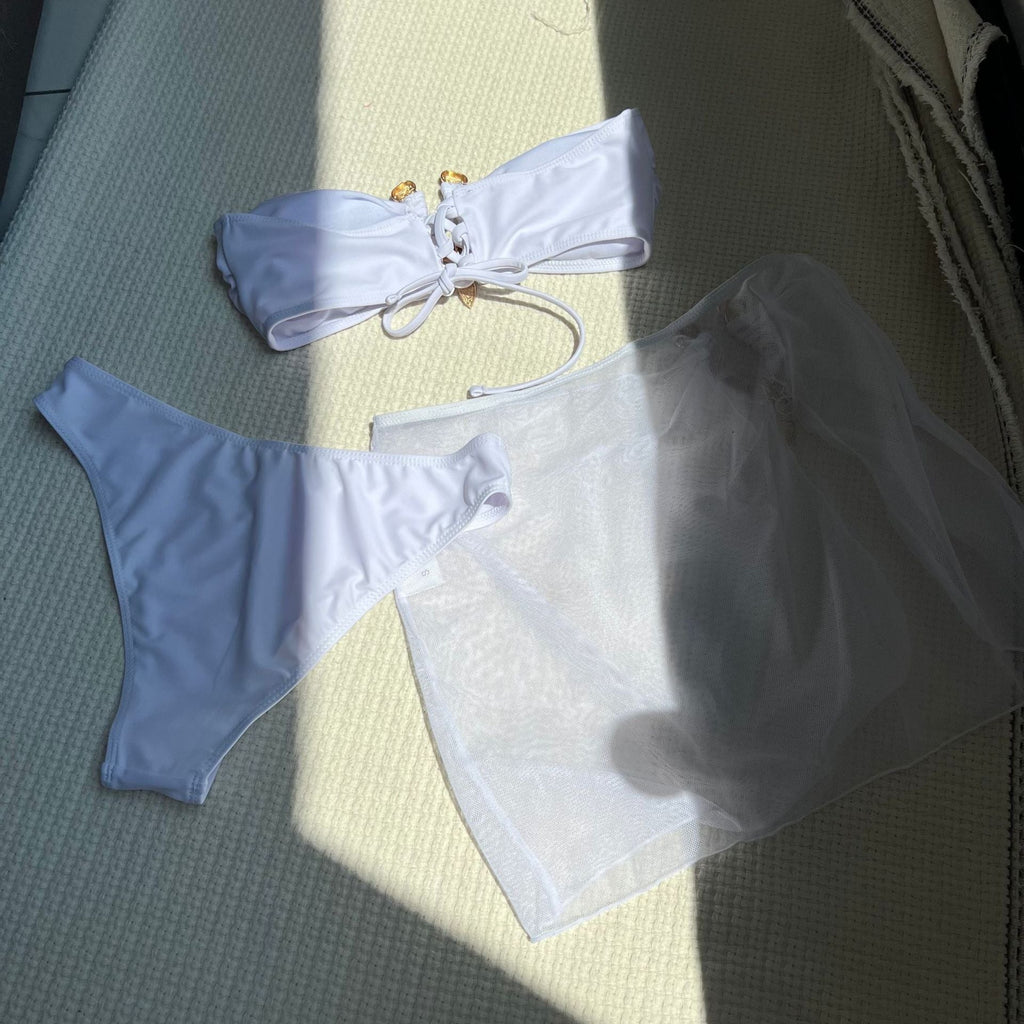 Sexy einfarbiger Tube Top dreiteiliger Mesh-Badeanzug Bikini Bikini