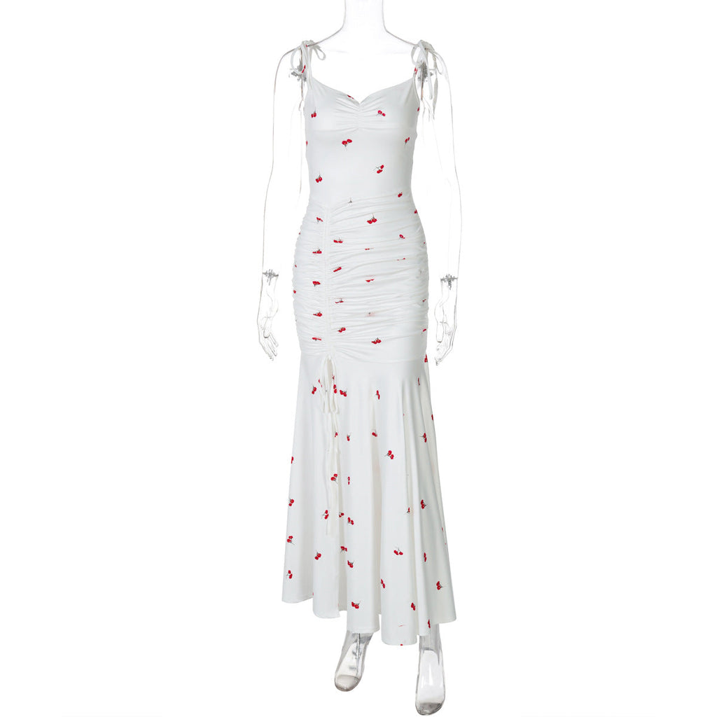 Damenbekleidung Sommer Bedrucktes, sexy Trägerkleid mit Raffungen und Schlitz, Damen Sommerkleid