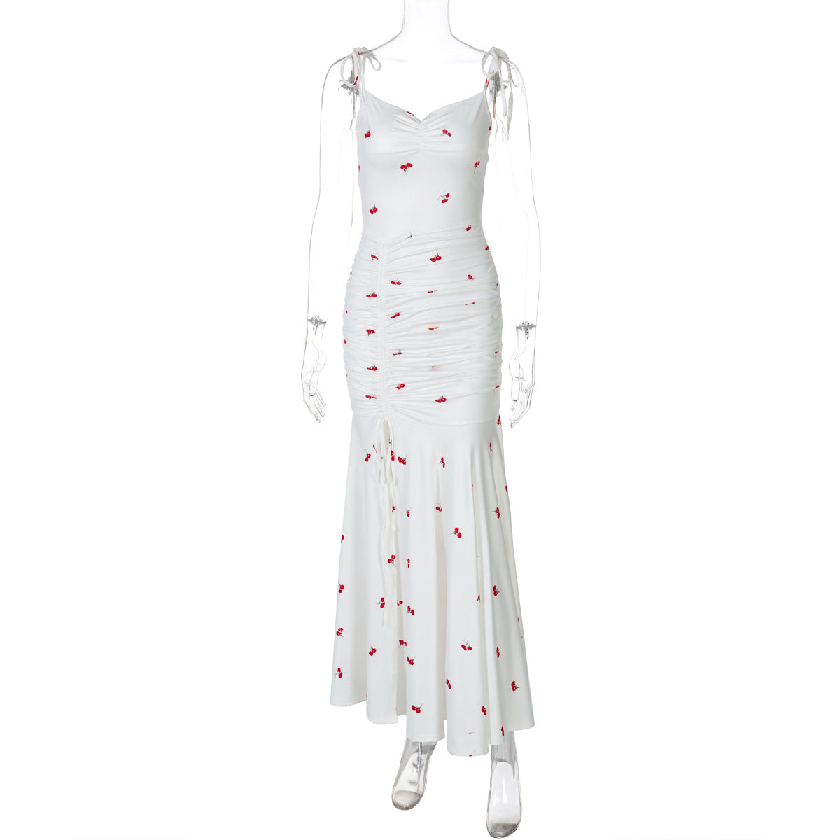 Damenbekleidung Sommer Bedrucktes, sexy Trägerkleid mit Raffungen und Schlitz, Damen Sommerkleid