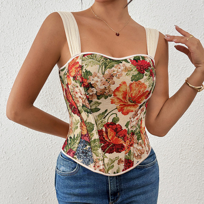 Retro bedrucktes französisches Korsett mit Stäbchen, schlankmachendes Korsett, Outer Wear, Inner Wear, Weste, Sling-Top