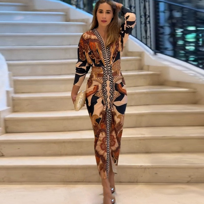 Robe imprimée à manches courtes et col en V pour femme, coupe slim, collection printemps