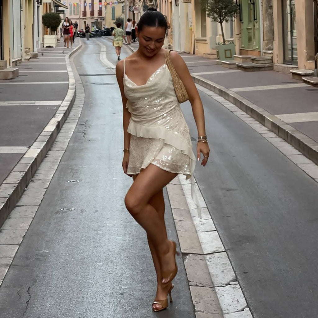 Elegantes Party Sexy Besonderes Pailletten-Swing-Kleid mit unregelmäßigem asymmetrischem Saum und Faltenrock, kurz, für Damen