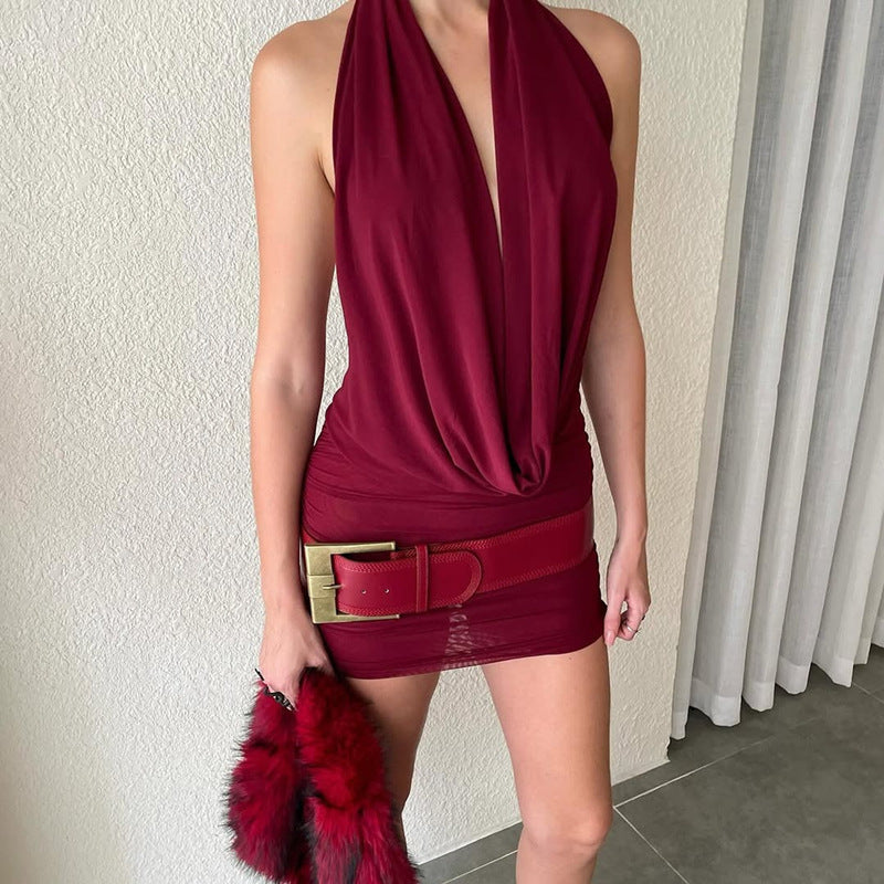 Ausgehöhltes rückenfreies Neckholder-Kleid mit tiefem V-Ausschnitt, Hüft-Mesh-Zweiteiler-Set