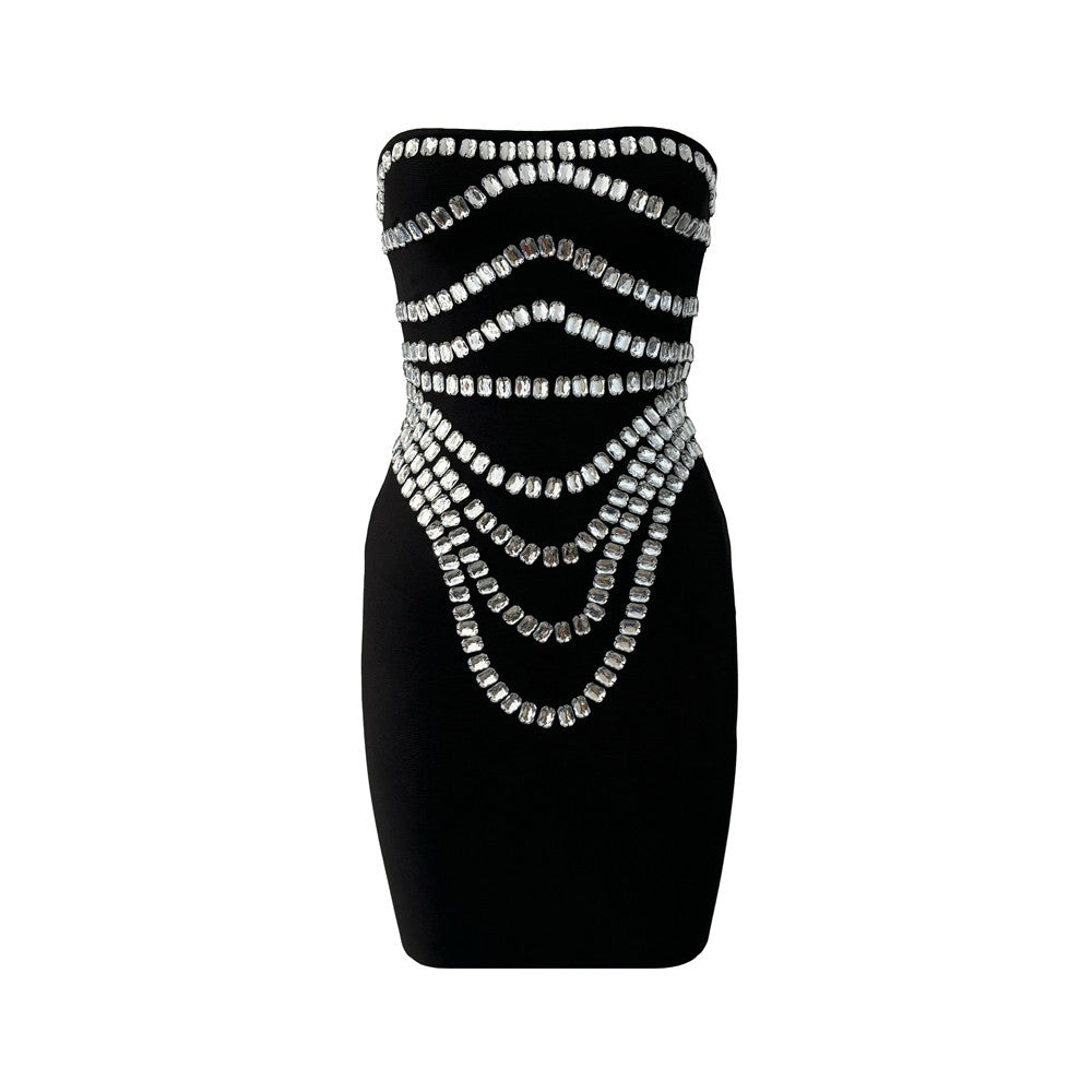 Handgemachtes, perlenbesetztes Strassstein-Kleid, sexy schulterfrei, Verband, Einteiler, eng anliegend, für Partys und Abendveranstaltungen