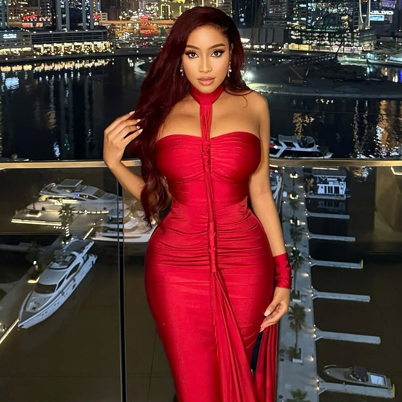 Robe de cocktail élégante et unie pour femme, dos nu, laçage, bustier, hanches plissées, épaules dénudées