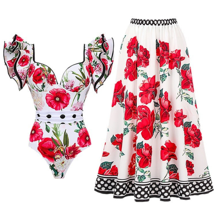 Frühlings-sexy-Badeanzug Damen Konservativer warmer bedruckter Badeanzug mit Wickelrock-Set