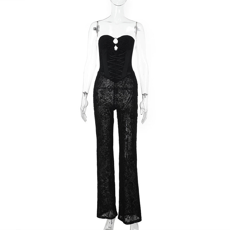 Combinaison pantalon bustier en dentelle, à découpes évidées, motif flocage et transparence
