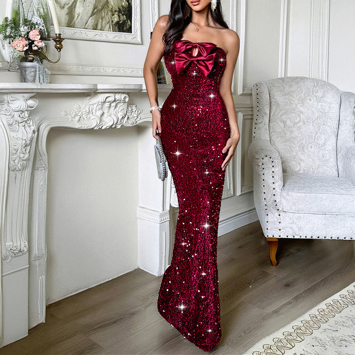 Damen Elegantes Abendkleid Neckholder Tube Top Sexy Maxikleid