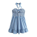 Robe Courte Printemps Écossaise Évidée Découpée Dos Nu à Bretelles et à Volants