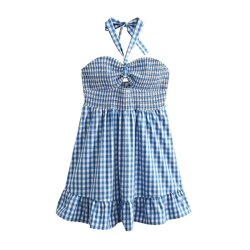 Robe Courte Printemps Écossaise Évidée Découpée Dos Nu à Bretelles et à Volants
