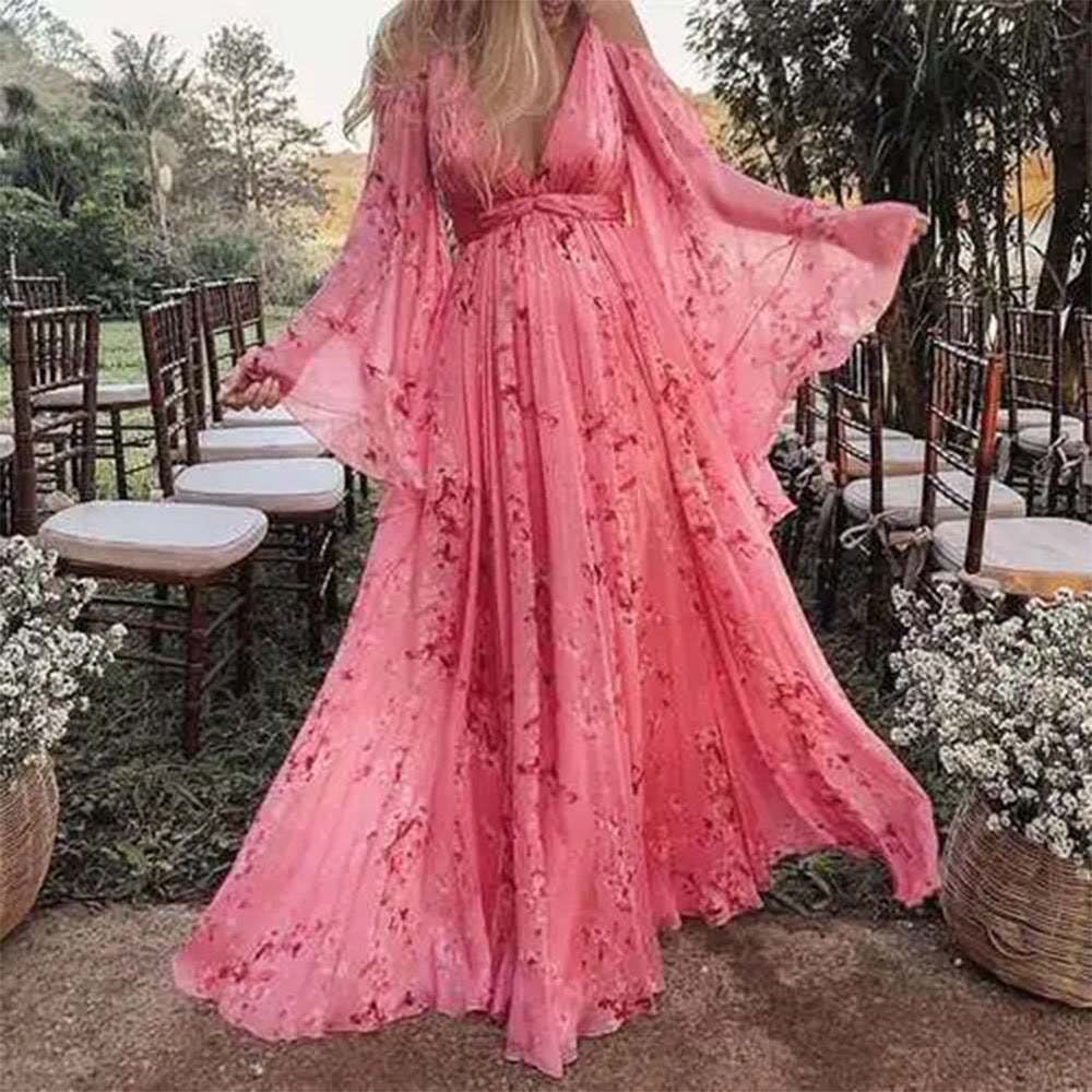 Träger, tiefer V-Ausschnitt, bedruckt, sexy Fledermausärmel, plissiertes Maxikleid, Umstandskleid, Ober- Unterfutter