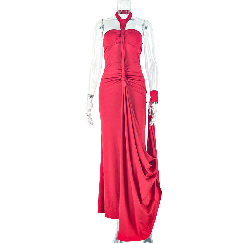 Robe de cocktail élégante et unie pour femme, dos nu, laçage, bustier, hanches plissées, épaules dénudées