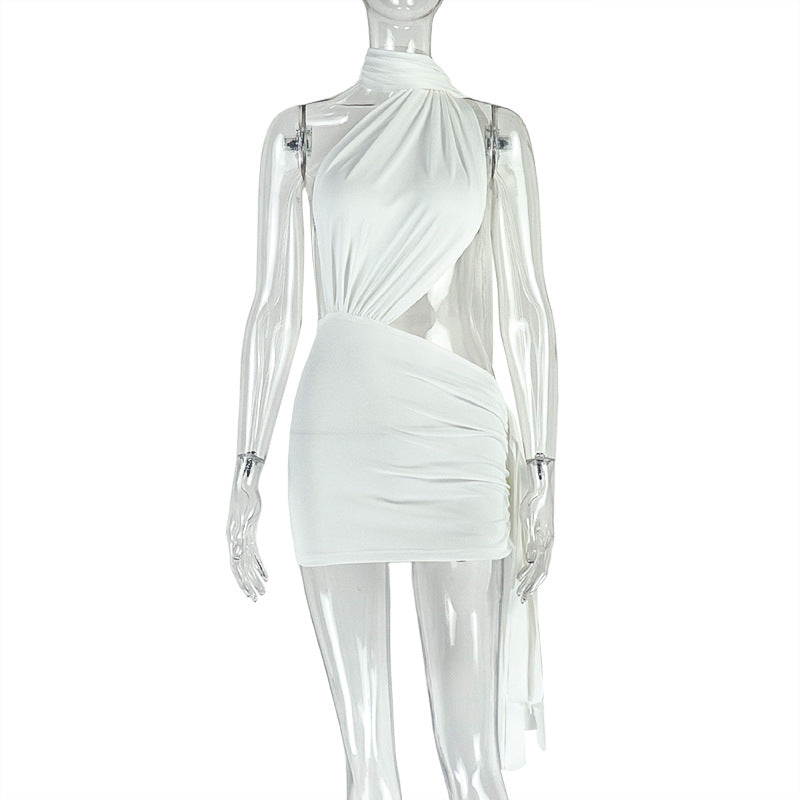Robe plissée asymétrique pour femme, dos nu, de couleur unie, avec lacets et hanches, style streetwear