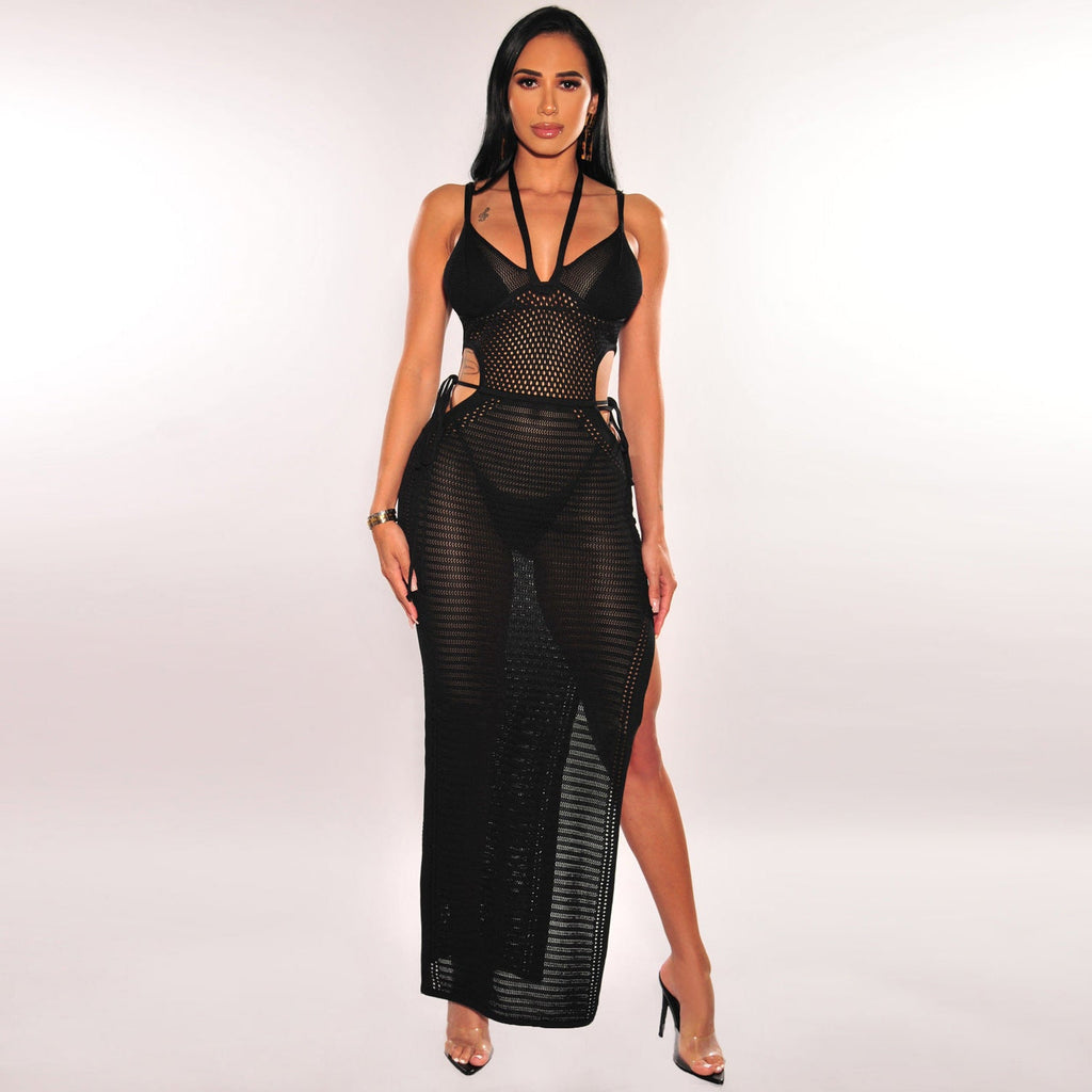 Sexy Damenbekleidung Damen Neckholder Crop Top Spaghetti-Träger Strickkleid Rückenfreies Strand-Strickkleid