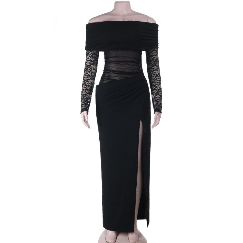 Herbst Sexy Durchsichtiges Mesh-Spitzen Off-Shoulder Etuikleid mit Wickelbrust und schmaler Taille