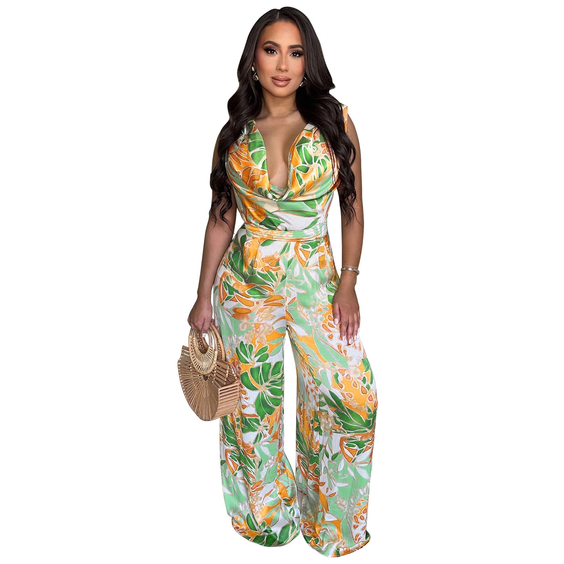 Damen Ärmelloser Jumpsuit mit Schnürung, weitem Bein und Print