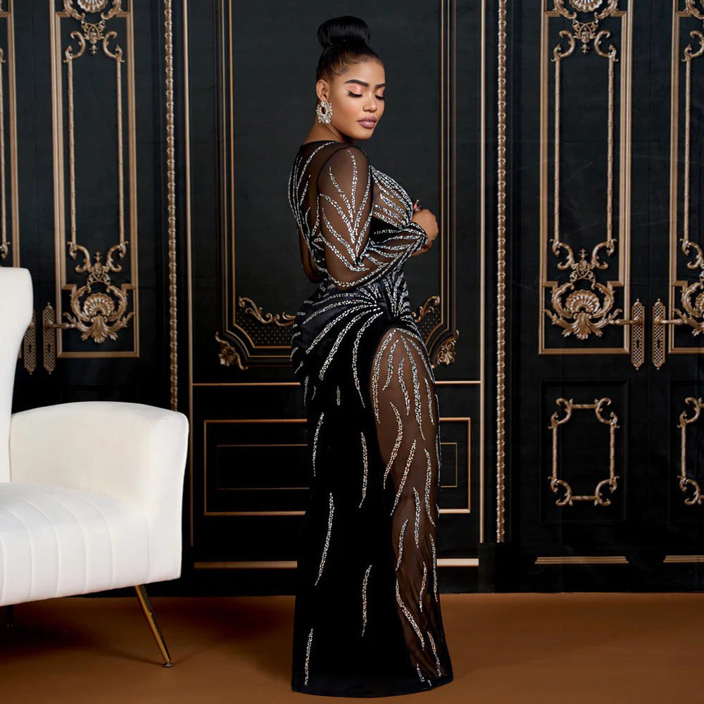 Maxikleid Sexy Transparent Mesh Naht Samt Party Abendkleid Damen