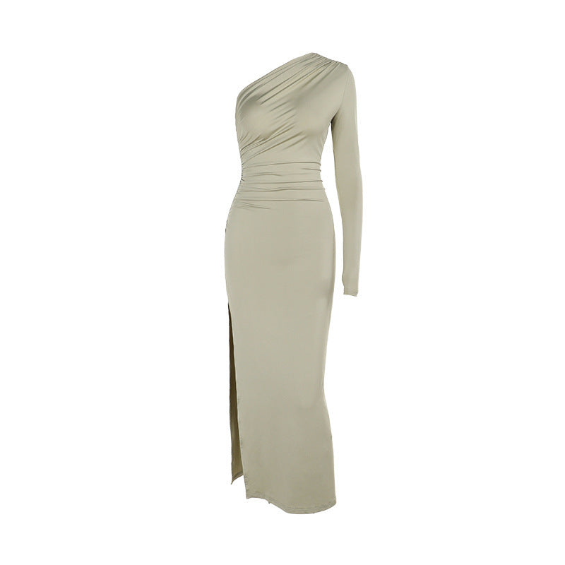 Herbst Elegantes Sexy Schlankes Schultergefaltetes Einschichtiges Ärmelkleid für Damen