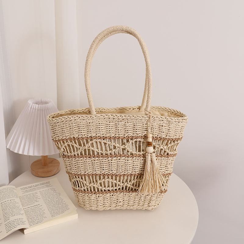 Hohle Ausgeschnittene Schulter Strohtasche Quaste Tragbare Strohtasche Gewebte Tasche Urlaub Strandtasche Damentasche