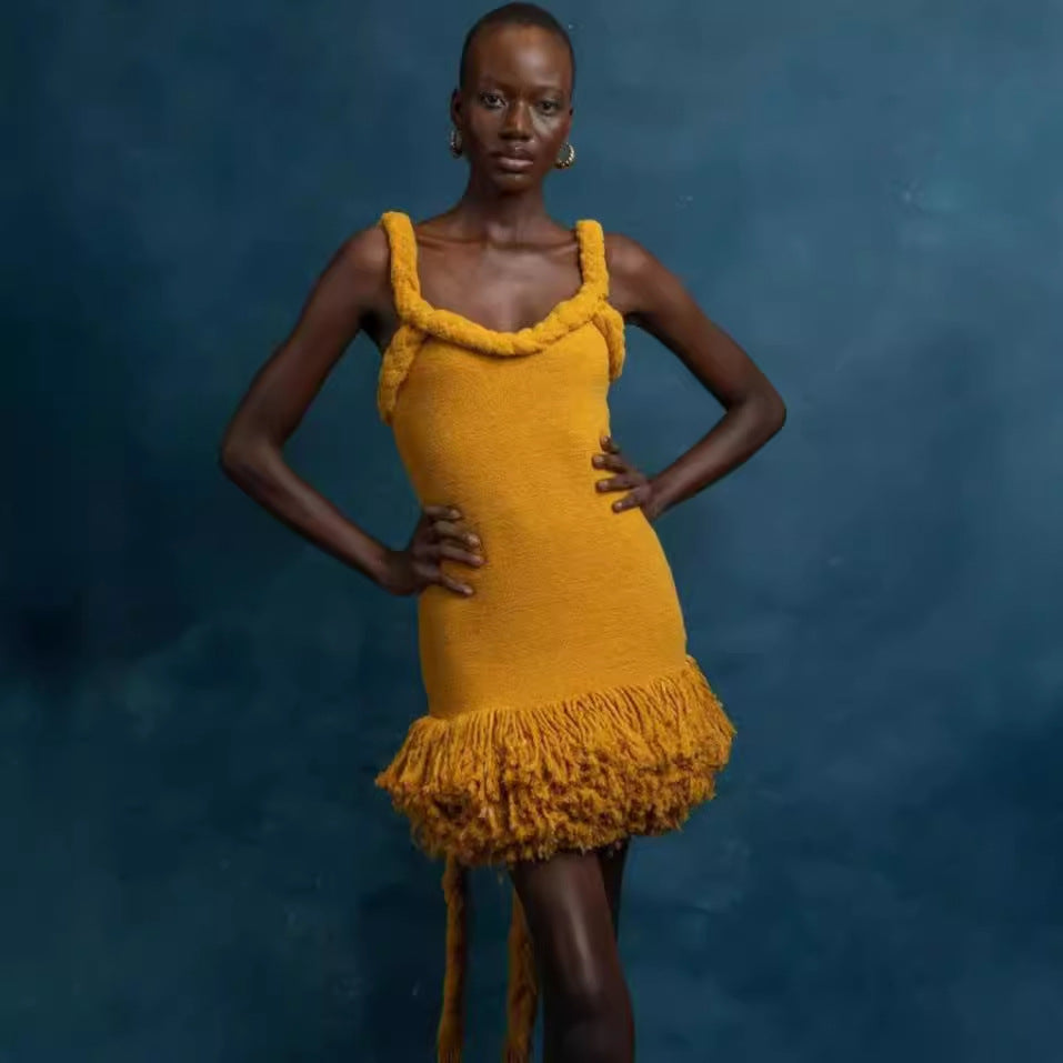 Robe courte balançoire à pompons avec bretelles en corde torsadée tissée à la main Automne Hiver