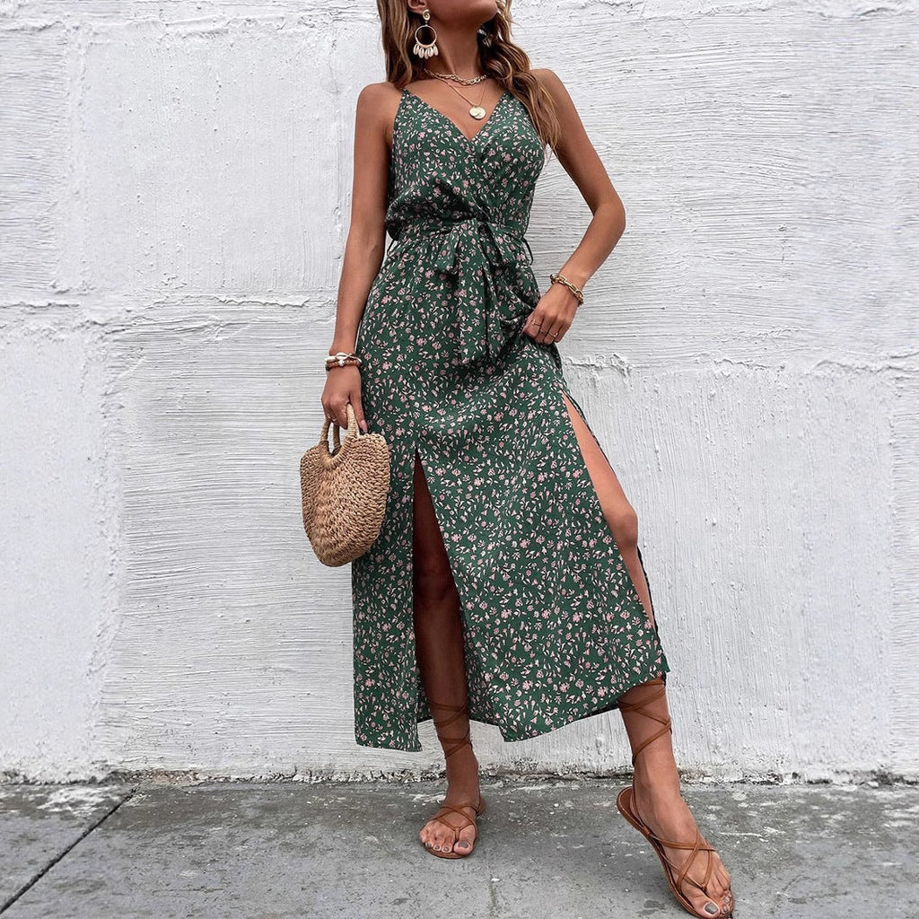Damen Kleider Sommer Böhmisches Trägerkleid Bedrucktes Maxi-Kleid mit langem Schlitz