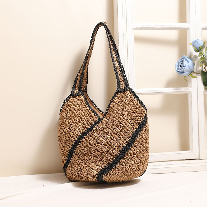 Geometrische abstrakte Stroh-Umhängetasche in Nischendesign, Farbkontrast, große Kapazität, gewebte Tasche, Strandtasche für den Urlaub