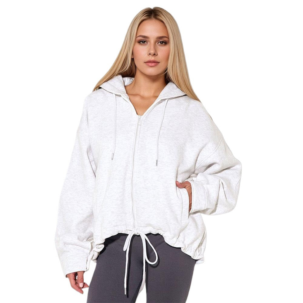 Manteau décontracté original tricoté en polyester à capuche et fermeture éclair de couleur unie pour femme