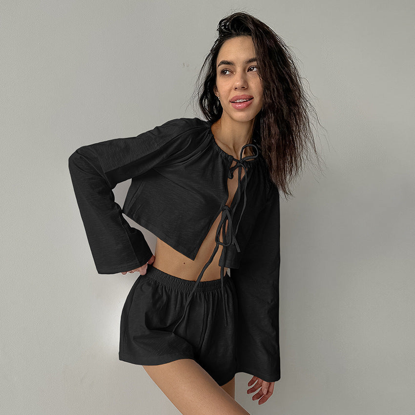 Frühling Weiß Reine Baumwolle Strickjacke Schnürung Damen Homewear Lässig Langarm Shorts Schlafanzug Zweiteiler Set