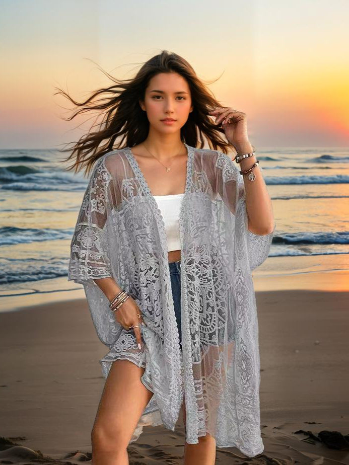 Vêtements féminins Sexy Transparent Dentelle Soluble à l'eau Brodé Cardigan Bikini de plage Chemisier de protection solaire