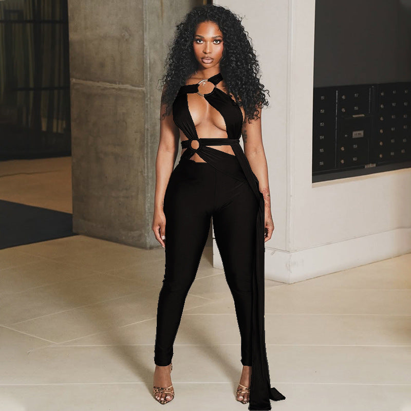 Sexy Damen Streetwear Jumpsuit mit Schnürung, Cutouts und Metallring, einfarbig, Skinny Pants, langer Jumpsuit
