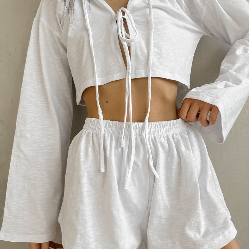 Frühling Weiß Reine Baumwolle Strickjacke Schnürung Damen Homewear Lässig Langarm Shorts Schlafanzug Zweiteiler Set