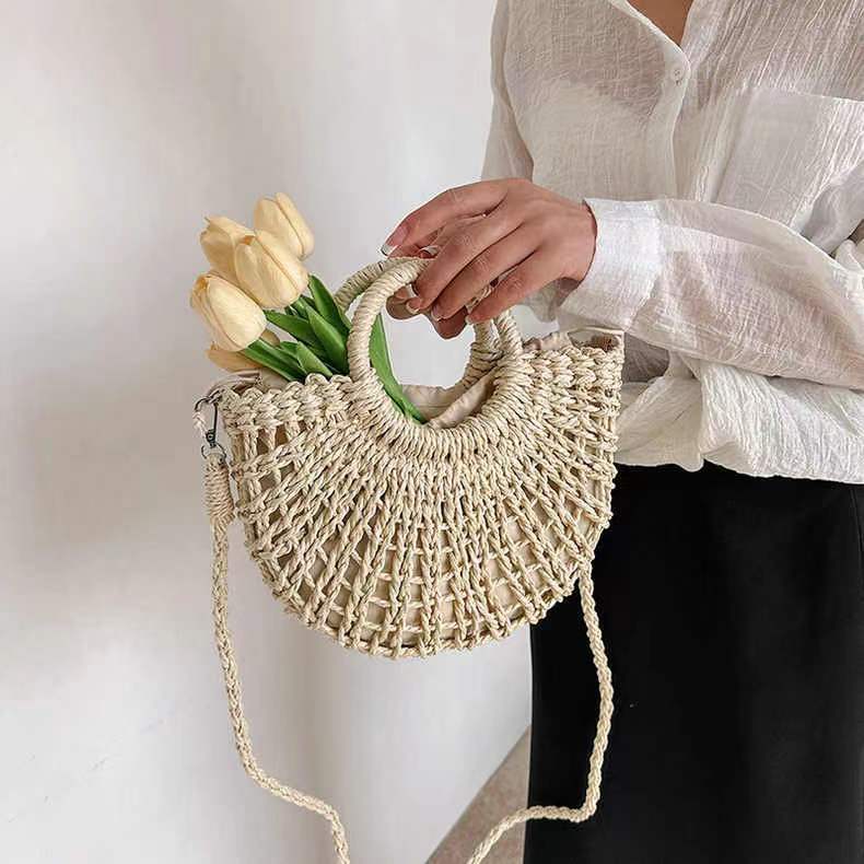 Sac en paille évidé en forme de demi-cercle, sac bandoulière en paille tressé, sac de plage pour femmes