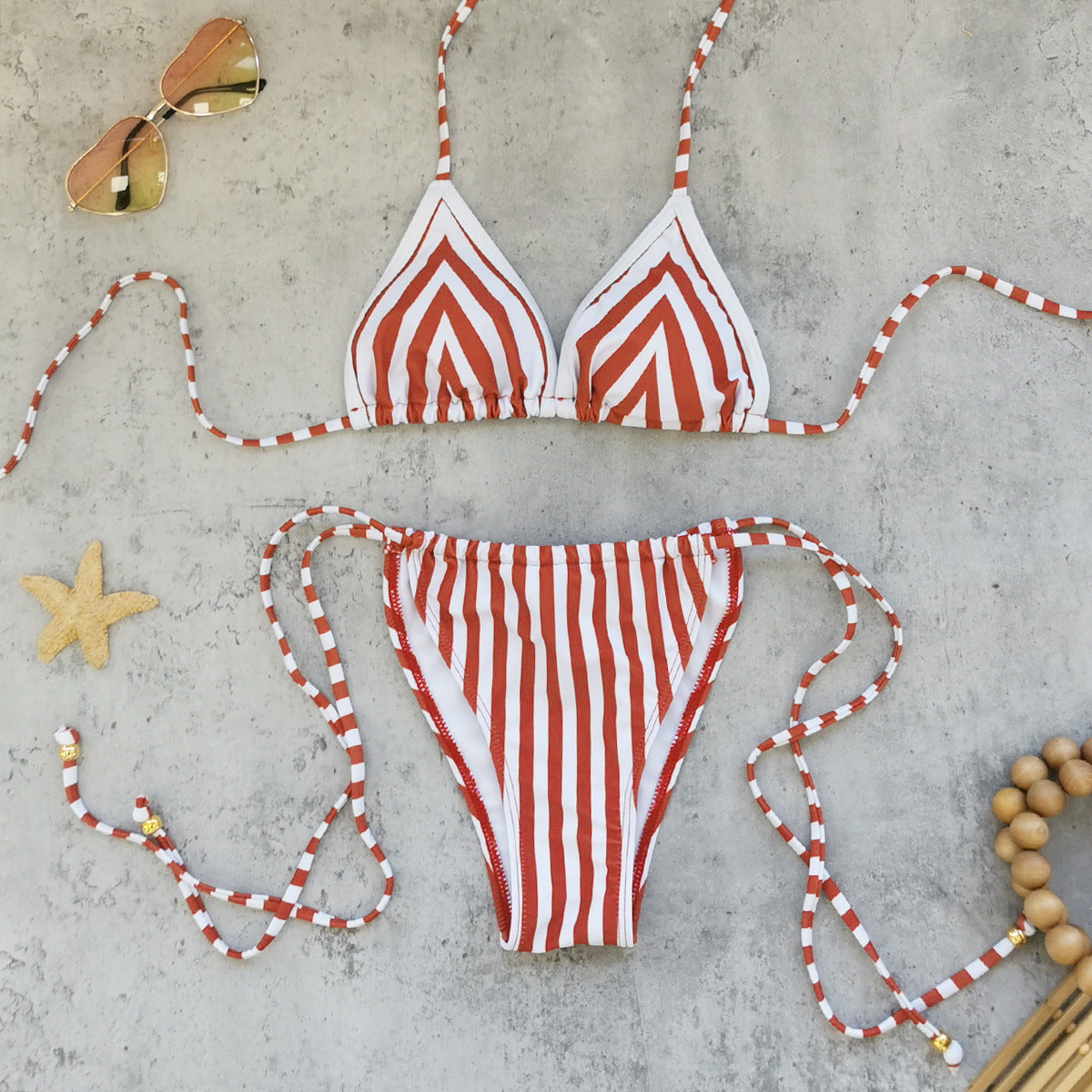 Dreipunkt-Bikini mit mehreren Seilen, Schnürung, sexy rückenfrei, gestreift, zweiteilig, für Damen