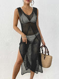 Damen Urlaubsstrandkleid Damenbekleidung Hohl geschnittenes gewebtes Hemd-Westenkleid Langes Kleid Sexy Schlitzkleid