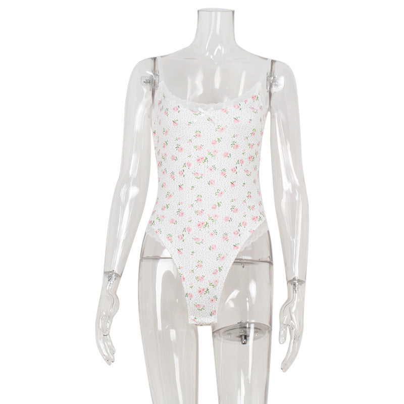 Combinaison sexy sans manches à volants en dentelle et taille haute pour femmes