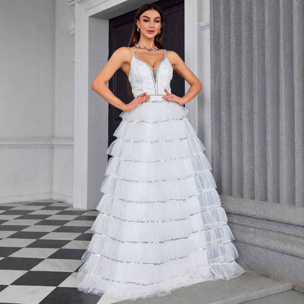 Robe de soirée à col en V à bretelles, robe bustier à superpositions pour femme