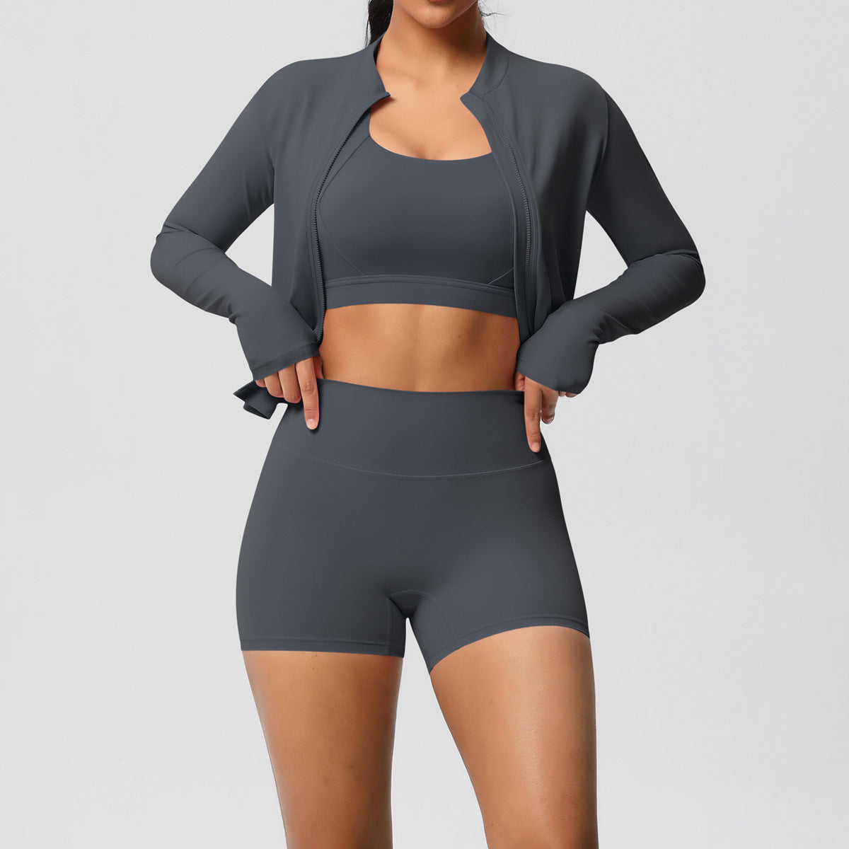 Einfarbiger Cloud Sense Yoga-BH, Sportmantel, Pilates-Laufshorts, Fitness-Yoga-Bekleidung, dreiteiliges Set für Damen