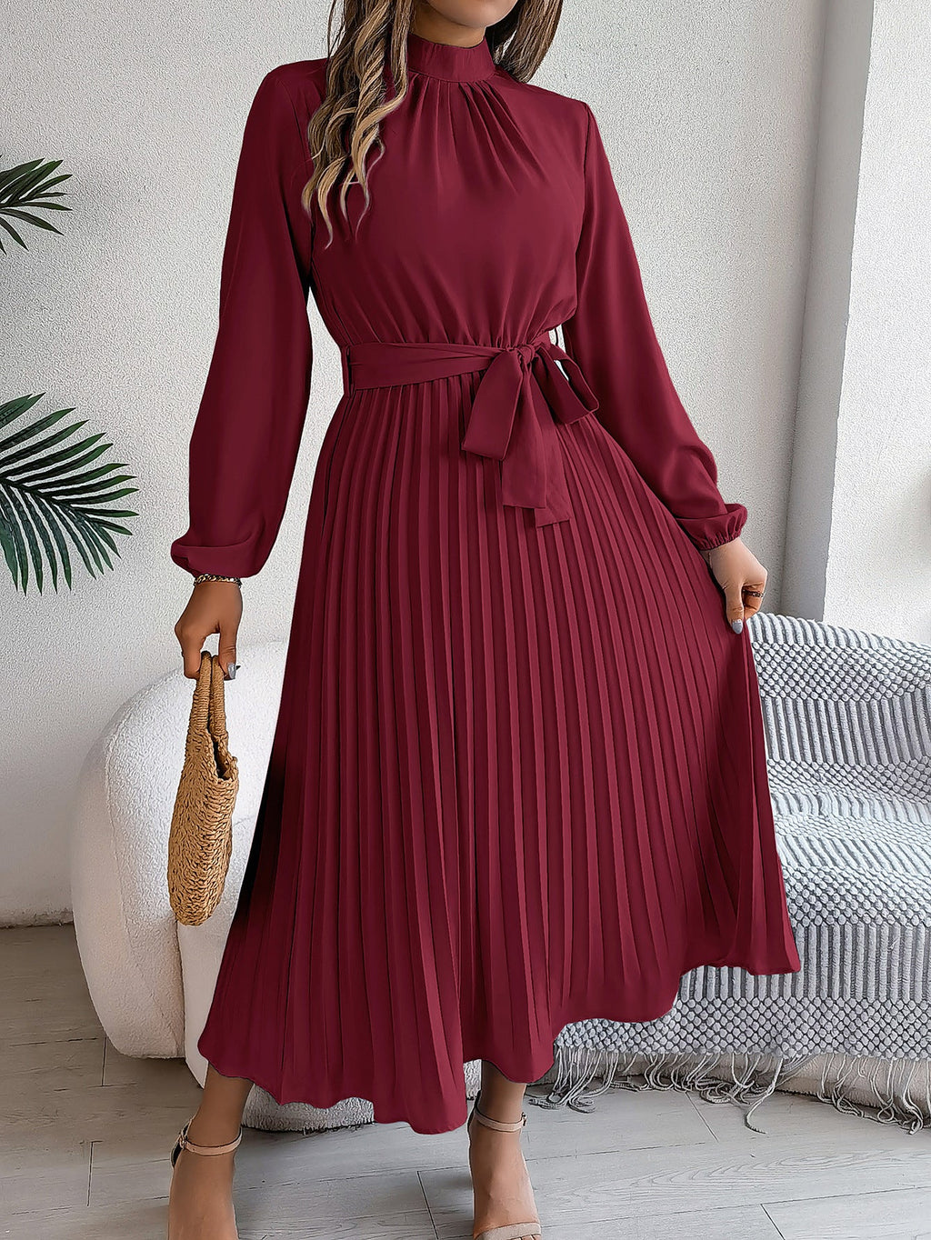 Herbst Winter Elegantes Stehkragen Langarm Raffiniert Gerafftes Maxikleid Kleines Kleid Damenbekleidung