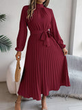Herbst Winter Elegantes Stehkragen Langarm Raffiniert Gerafftes Maxikleid Kleines Kleid Damenbekleidung