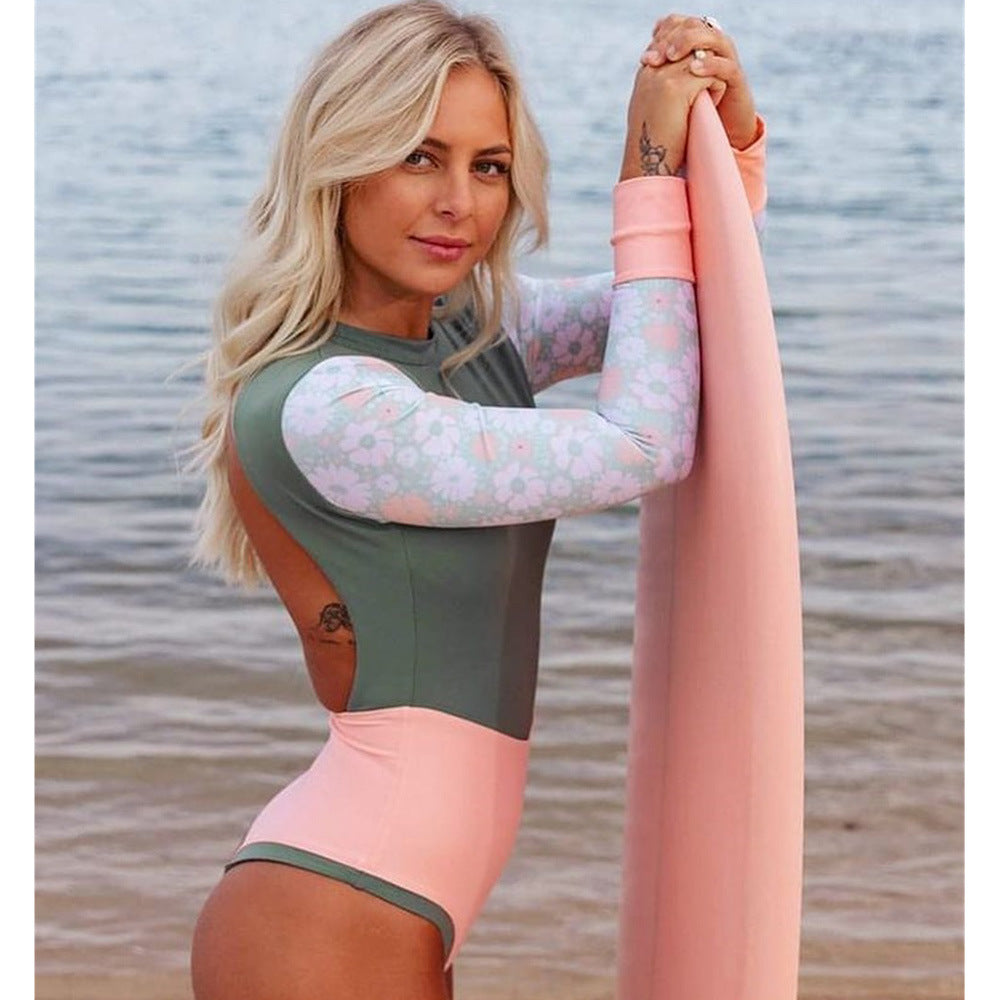 Bademode Einfarbig Bedruckt Patchwork Langarm Surferanzug Sexy Rückenfreier Badeanzug Damen Badeanzug