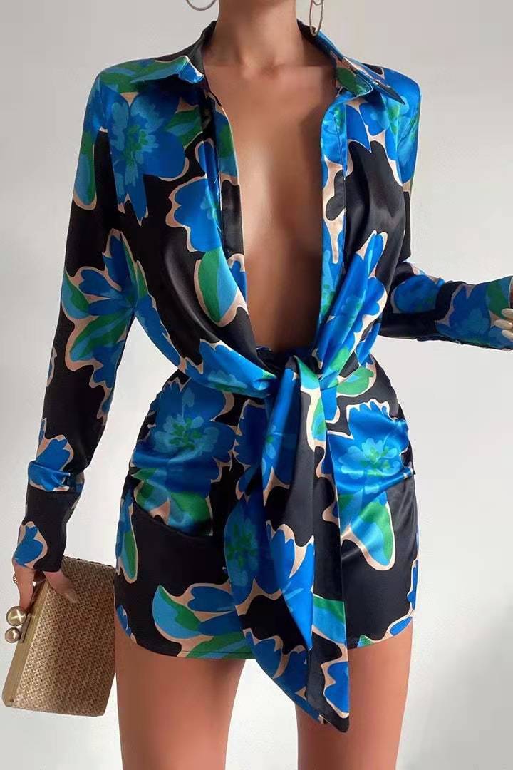 Robe Chemise à Manches Longues Boutonnée Série Imprimée Numérique pour Femmes Sexy
