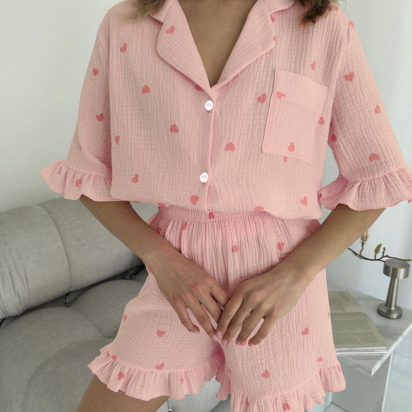 Pyjama d'été pour femme en coton crêpe avec imprimé cœur, manches courtes et short, ensemble deux pièces pour la maison