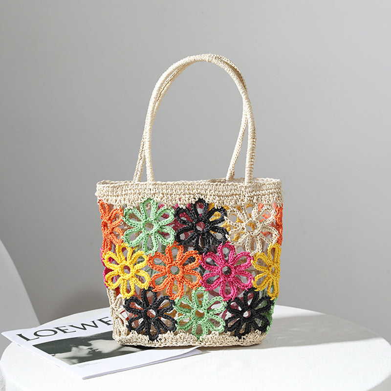 Sac en paille d'été frais, ajouré floral, tissé à la main, sac pour femme, portable, vacances à la mer, sac de plage